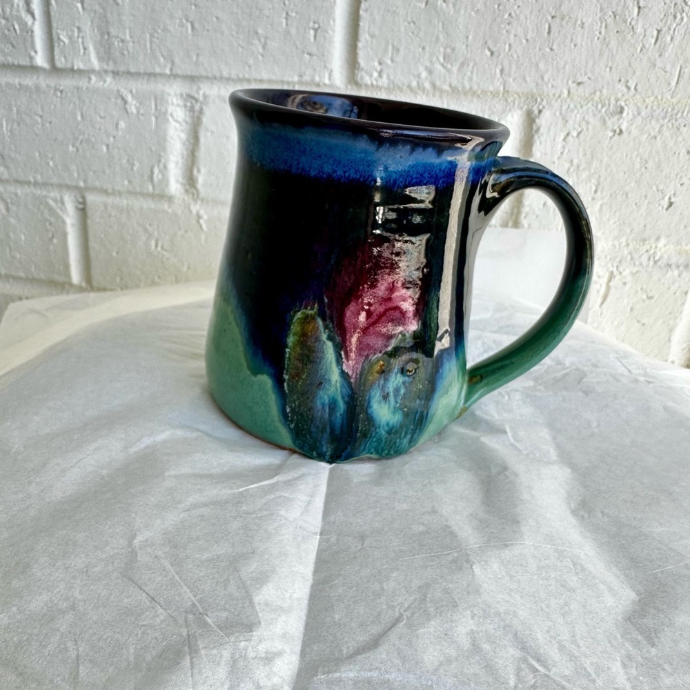 Susan DeMay Handcrafted Stoneware Pottery Mug in Green, Blue, Pink Holds 16 Oz